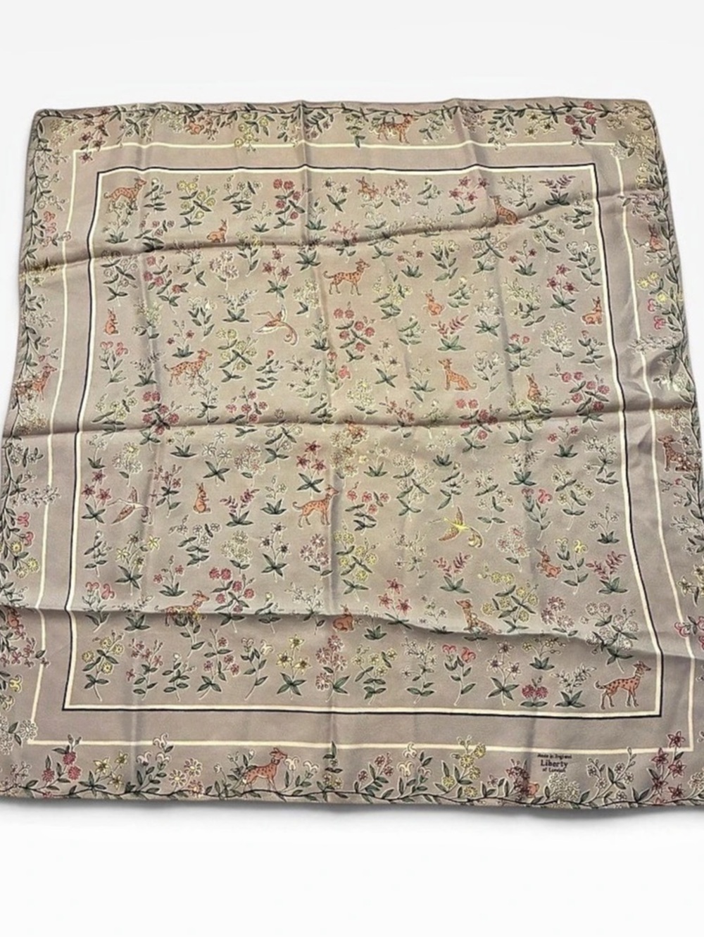 Rare Vintage Liberty of London Animal and Floral Pattern Silk Scarf Gray & Pink